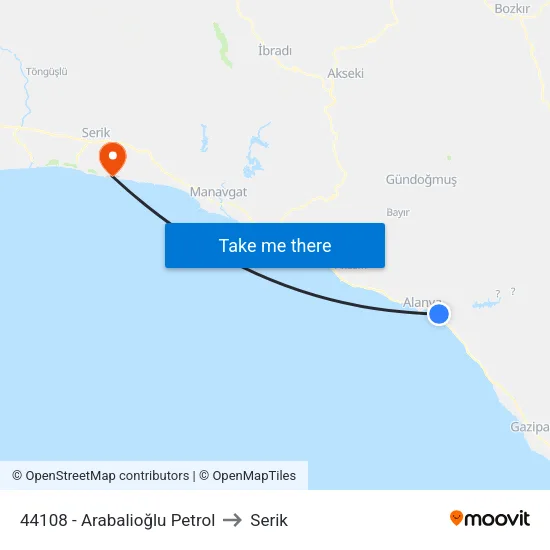 44108 - Arabalioğlu Petrol to Serik map
