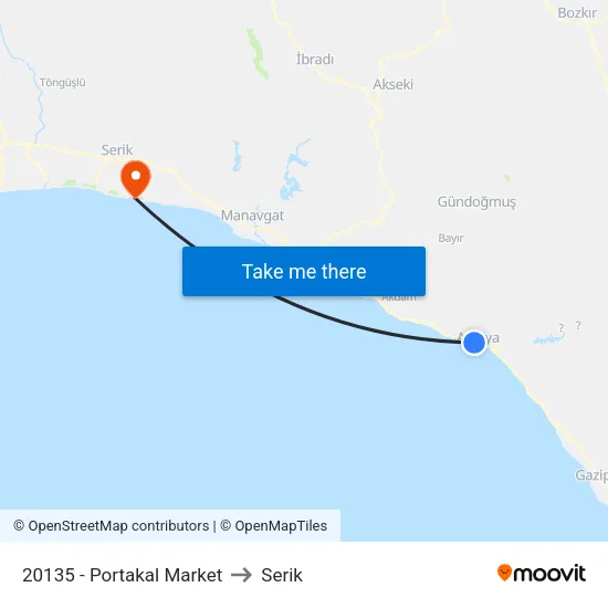 20135 - Portakal Market to Serik map