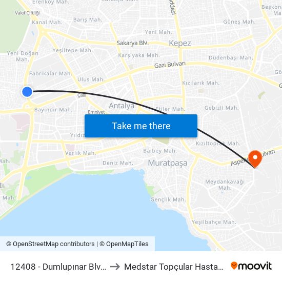 12408 - Dumlupınar Blv-18 to Medstar Topçular Hastanesi map