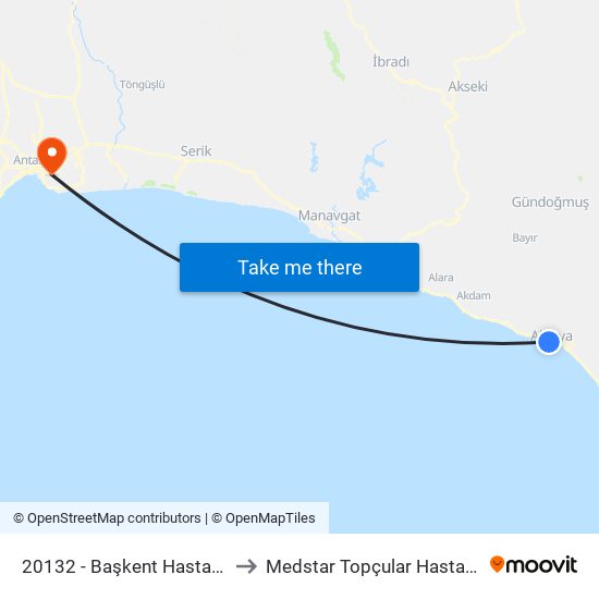 20132 - Başkent Hastanesi to Medstar Topçular Hastanesi map