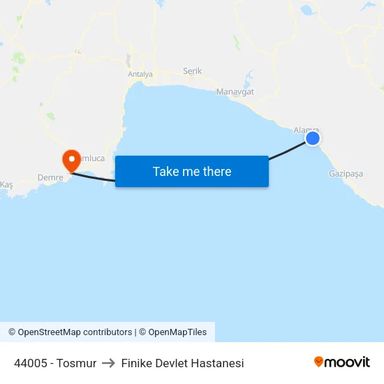 44005 - Tosmur to Finike Devlet Hastanesi map