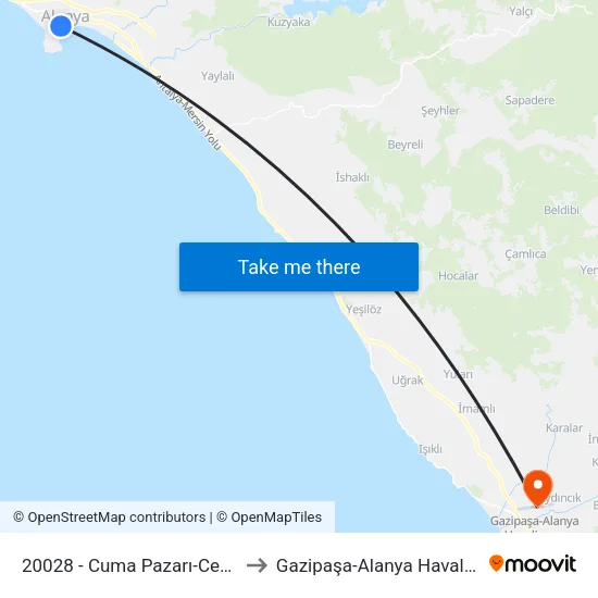 20028 - Cuma Pazarı-Centrum to Gazipaşa-Alanya Havalimanı map
