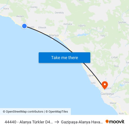 44440 - Alanya Türkler D400-14 to Gazipaşa-Alanya Havalimanı map