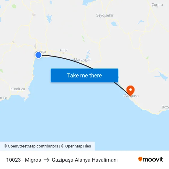 10023 - Migros to Gazipaşa-Alanya Havalimanı map