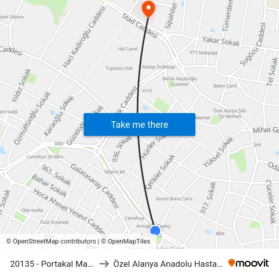 20135 - Portakal Market to Özel Alanya Anadolu Hastanesi map
