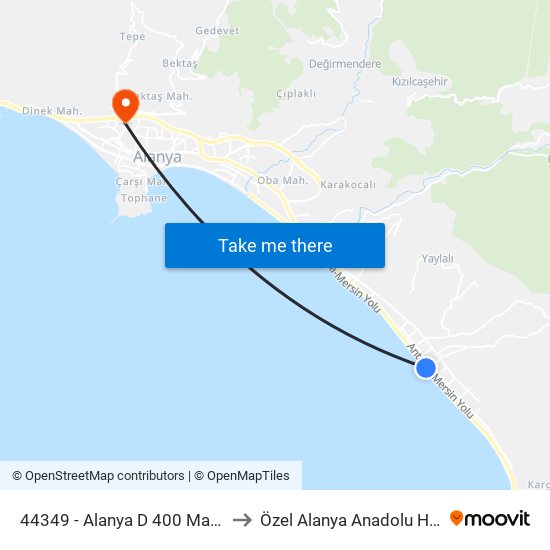 44349 - Alanya D 400 Mahmutlar-2 to Özel Alanya Anadolu Hastanesi map
