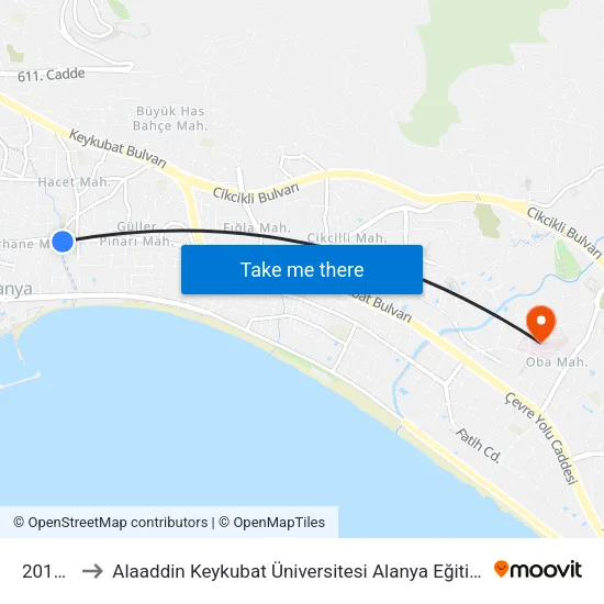 20121 - Hacet to Alaaddin Keykubat Üniversitesi Alanya Eğitim Araştırma Hastanesi (Alkü Eğitim Araştırma Hastanesi) map