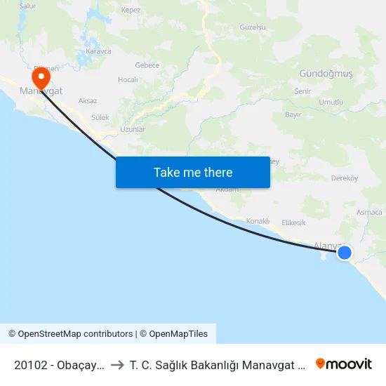 20102 - Obaçay Köprüsü to T. C. Sağlık Bakanlığı Manavgat Devlet Hastanesi map