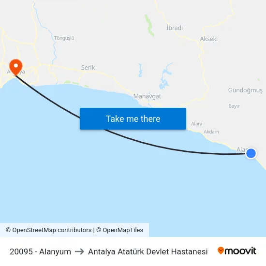 20095 - Alanyum to Antalya Atatürk Devlet Hastanesi map