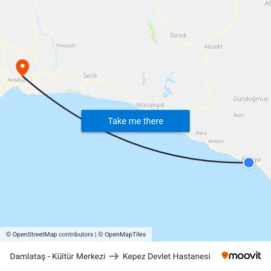 Damlataş - Kültür Merkezi to Kepez Devlet Hastanesi map