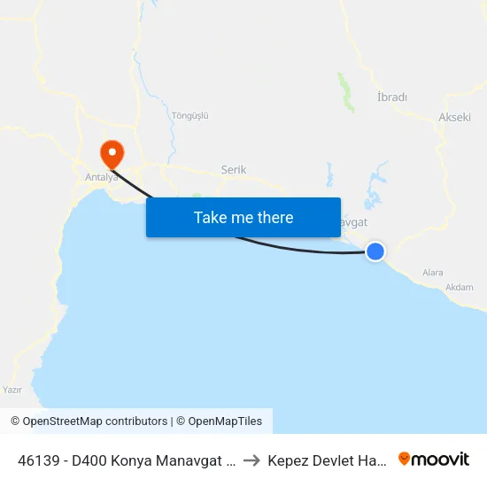 46139 - D400 Konya Manavgat Karayolu-2 to Kepez Devlet Hastanesi map