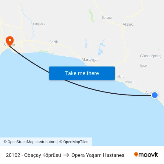 20102 - Obaçay Köprüsü to Opera Yaşam Hastanesi map
