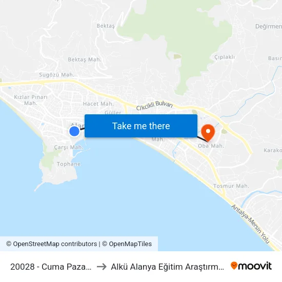 20028 - Cuma Pazarı-Centrum to Alkü Alanya Eğitim Araştırma Hastahanesi map