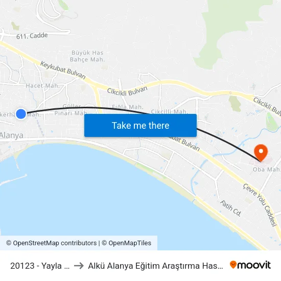20123 - Yayla Yolu to Alkü Alanya Eğitim Araştırma Hastahanesi map