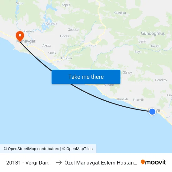 20131 - Vergi Dairesi to Özel Manavgat Eslem Hastanesi map