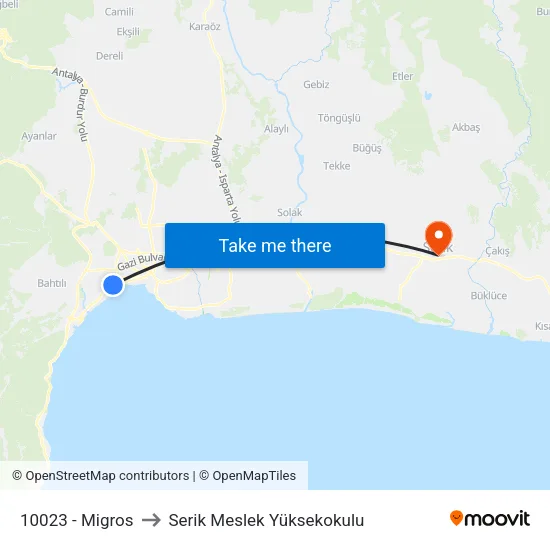 10023 - Migros to Serik Meslek Yüksekokulu map