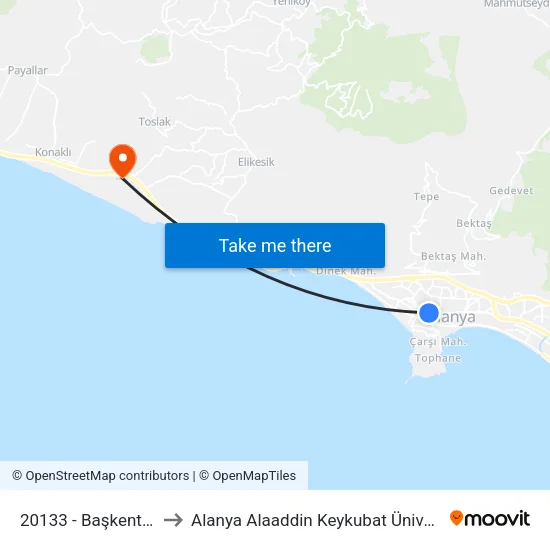 20133 - Başkent Hastanesi to Alanya Alaaddin Keykubat Üniversitesi Rektörlüğü map