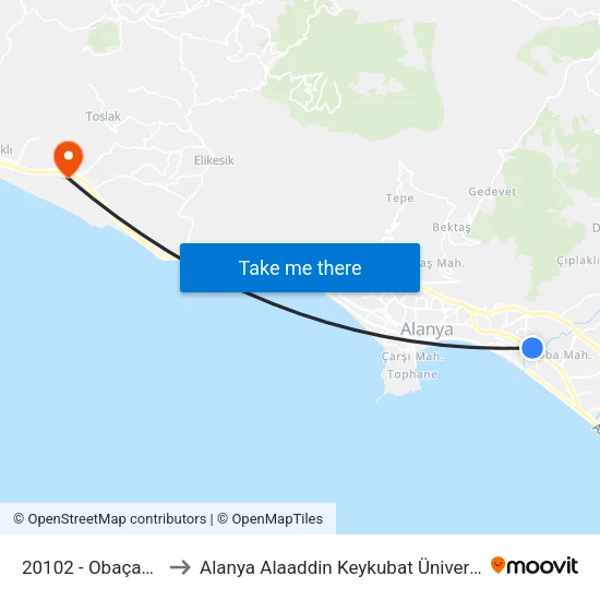 20102 - Obaçay Köprüsü to Alanya Alaaddin Keykubat Üniversitesi Rektörlüğü map