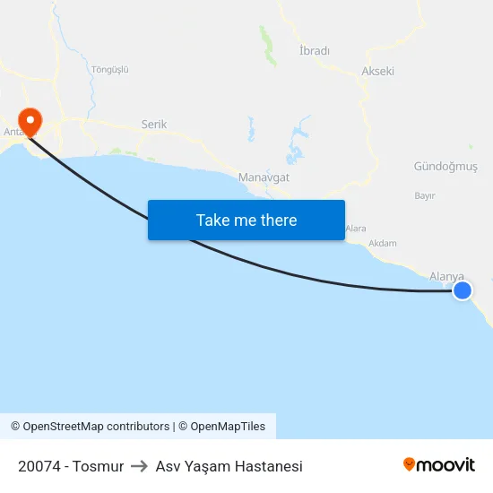 20074 - Tosmur to Asv Yaşam Hastanesi map