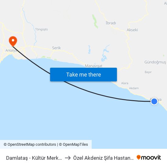 Damlataş - Kültür Merkezi to Özel Akdeniz Şifa Hastanesi map