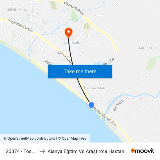 20074 - Tosmur to Alanya Eğitim Ve Araştırma Hastahanesi map