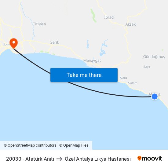 20030 - Atatürk Anıtı to Özel Antalya Likya Hastanesi map
