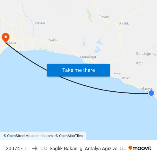 20074 - Tosmur to T. C. Sağlık Bakanlığı Antalya Ağız ve Diş Sağlığı Hastanesi map