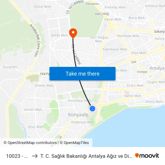 10023 - Migros to T. C. Sağlık Bakanlığı Antalya Ağız ve Diş Sağlığı Hastanesi map