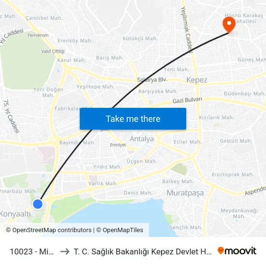 10023 - Migros to T. C. Sağlık Bakanlığı Kepez Devlet Hastanesi map