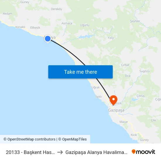 20133 - Başkent Hastanesi to Gazipaşa Alanya Havalimanı (GZP) map