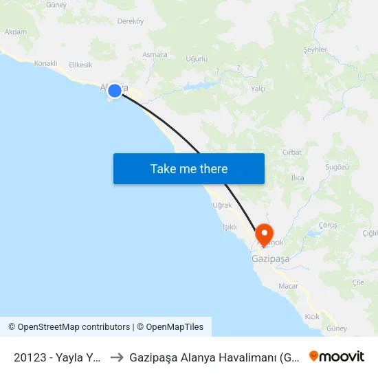 20123 - Yayla Yolu to Gazipaşa Alanya Havalimanı (GZP) map