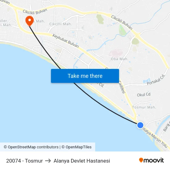 20074 - Tosmur to Alanya Devlet Hastanesi map