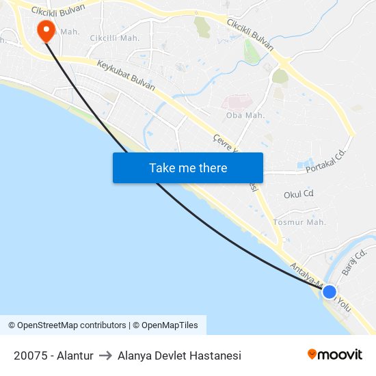 20075 - Alantur to Alanya Devlet Hastanesi map