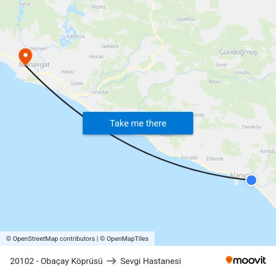 20102 - Obaçay Köprüsü to Sevgi Hastanesi map