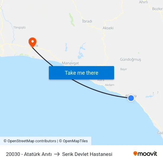20030 - Atatürk Anıtı to Serik Devlet Hastanesi map