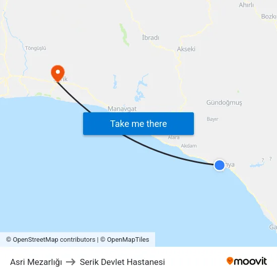 Asri Mezarlığı to Serik Devlet Hastanesi map