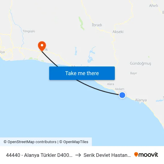 44440 - Alanya Türkler D400-14 to Serik Devlet Hastanesi map