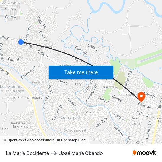 La María Occidente to José María Obando map