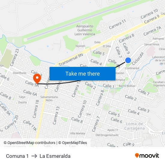 Comuna 1 to La Esmeralda map