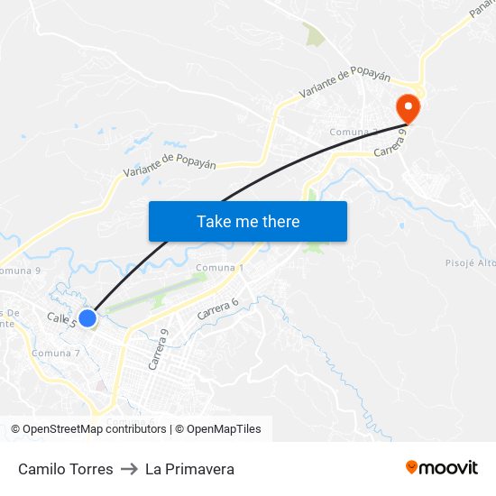 Camilo Torres to La Primavera map