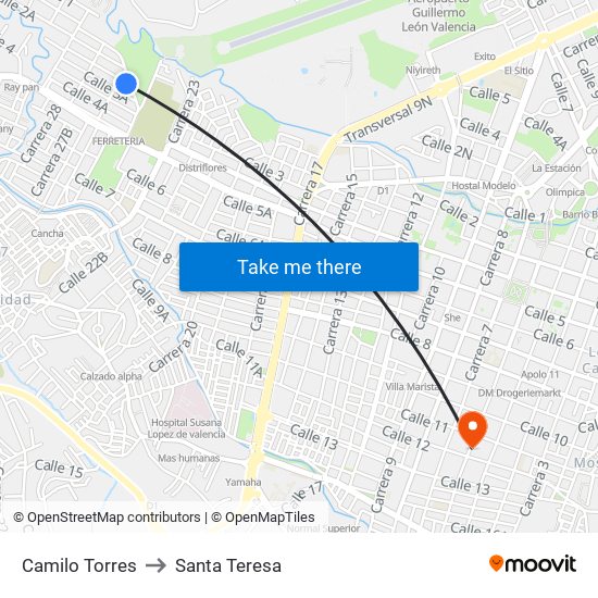 Camilo Torres to Santa Teresa map