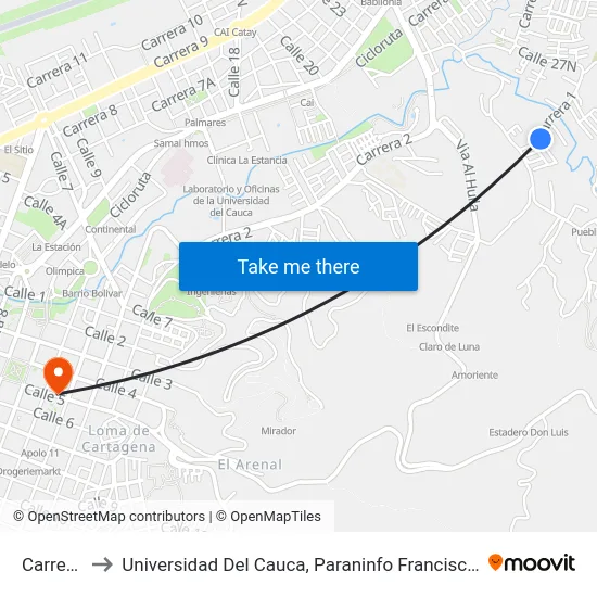 Carrera 1e to Universidad Del Cauca, Paraninfo Francisco José De Caldas map