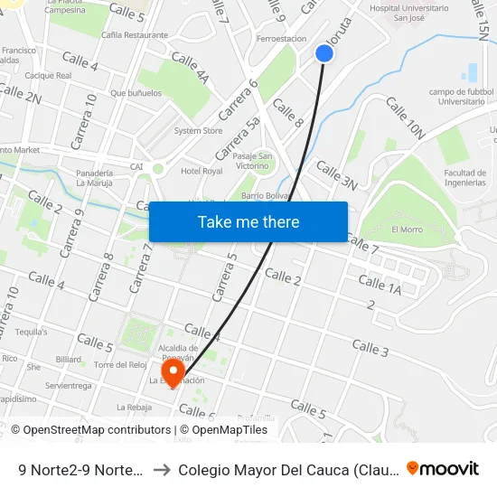 9 Norte2-9 Norte250 Carrera 6 to Colegio Mayor Del Cauca (Claustro:La Encarnación ) map