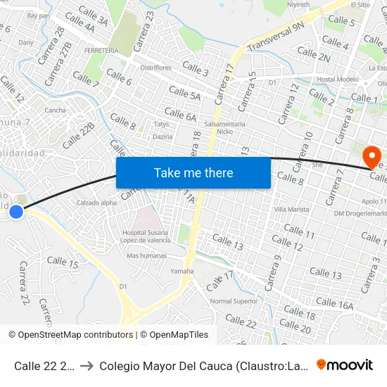 Calle 22 20461 to Colegio Mayor Del Cauca (Claustro:La Encarnación ) map