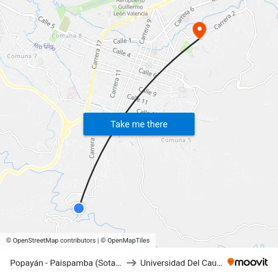 Popayán - Paispamba (Sotará) to Universidad Del Cauca map