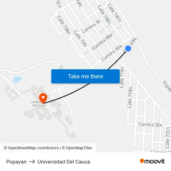 Popayan to Universidad Del Cauca map