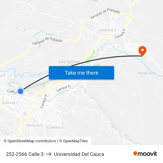 252-2566 Calle 3 to Universidad Del Cauca map