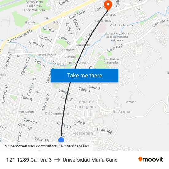 121-1289 Carrera 3 to Universidad María Cano map