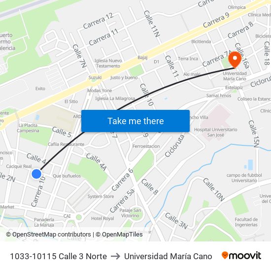 1033-10115 Calle 3 Norte to Universidad María Cano map