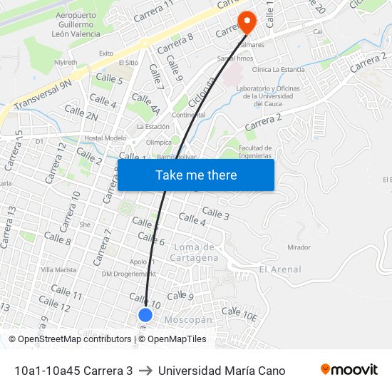 10a1-10a45 Carrera 3 to Universidad María Cano map